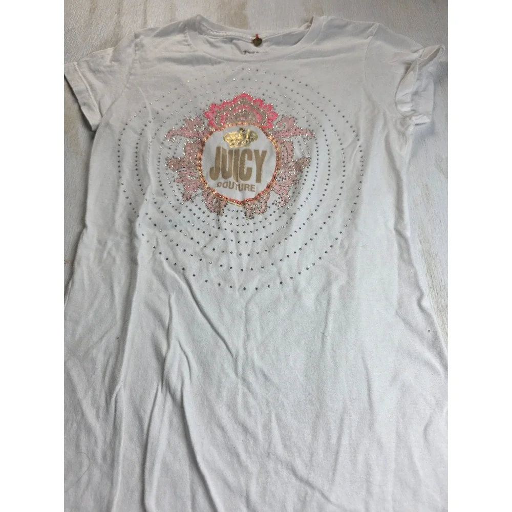 Juicy Couture Kids White Rhinestone Graphic Tee Y2K Gold Foil Crown Shirt Size S